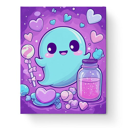 miicreative Cute Ghost Candy Parade paint by numbers kit featuring a cheerful blue ghost surrounded by colorful hearts and candy. A meditative and creative Halloween activity.