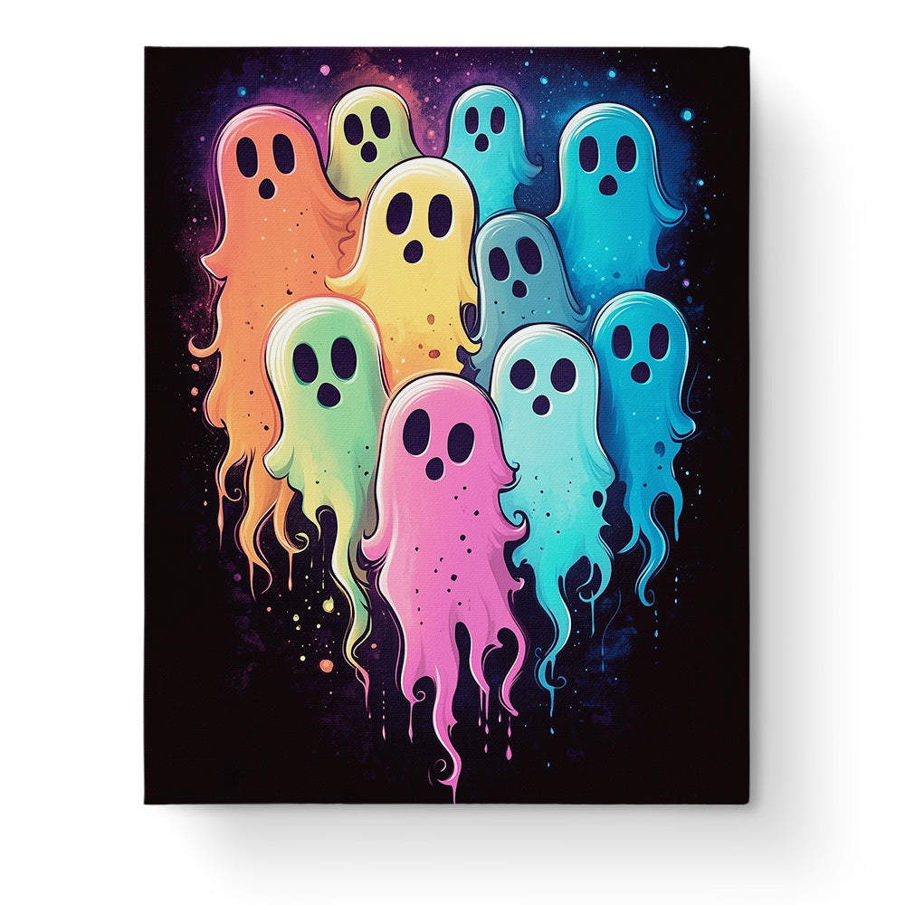 Colorful Ghost Gathering - Halloween by miicreative. A vivid display of pink, green, and blue ghosts against a dark backdrop, perfect for creative mindfulness.