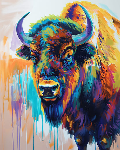 Vibrant Bison Portrait - USA by miicreative. A colorful, detailed image of a bison capturing creative expression and mindfulness through vivid hues.