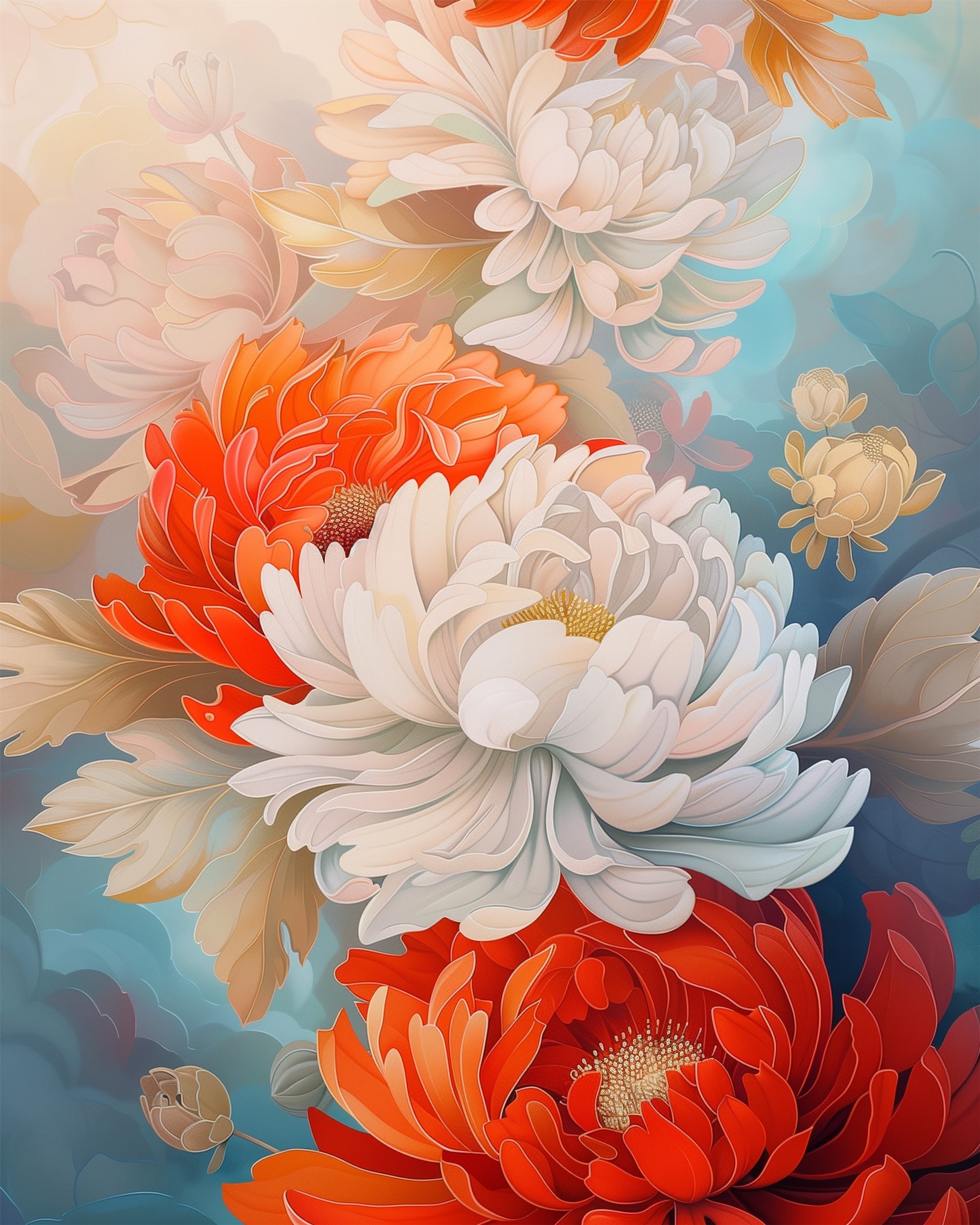 Chrysanthemum Harmony - Bohemian Vibes paint by numbers kit by miicreative. Features vibrant red and white chrysanthemums with detailed petals, bringing a sense of calm and creativity.