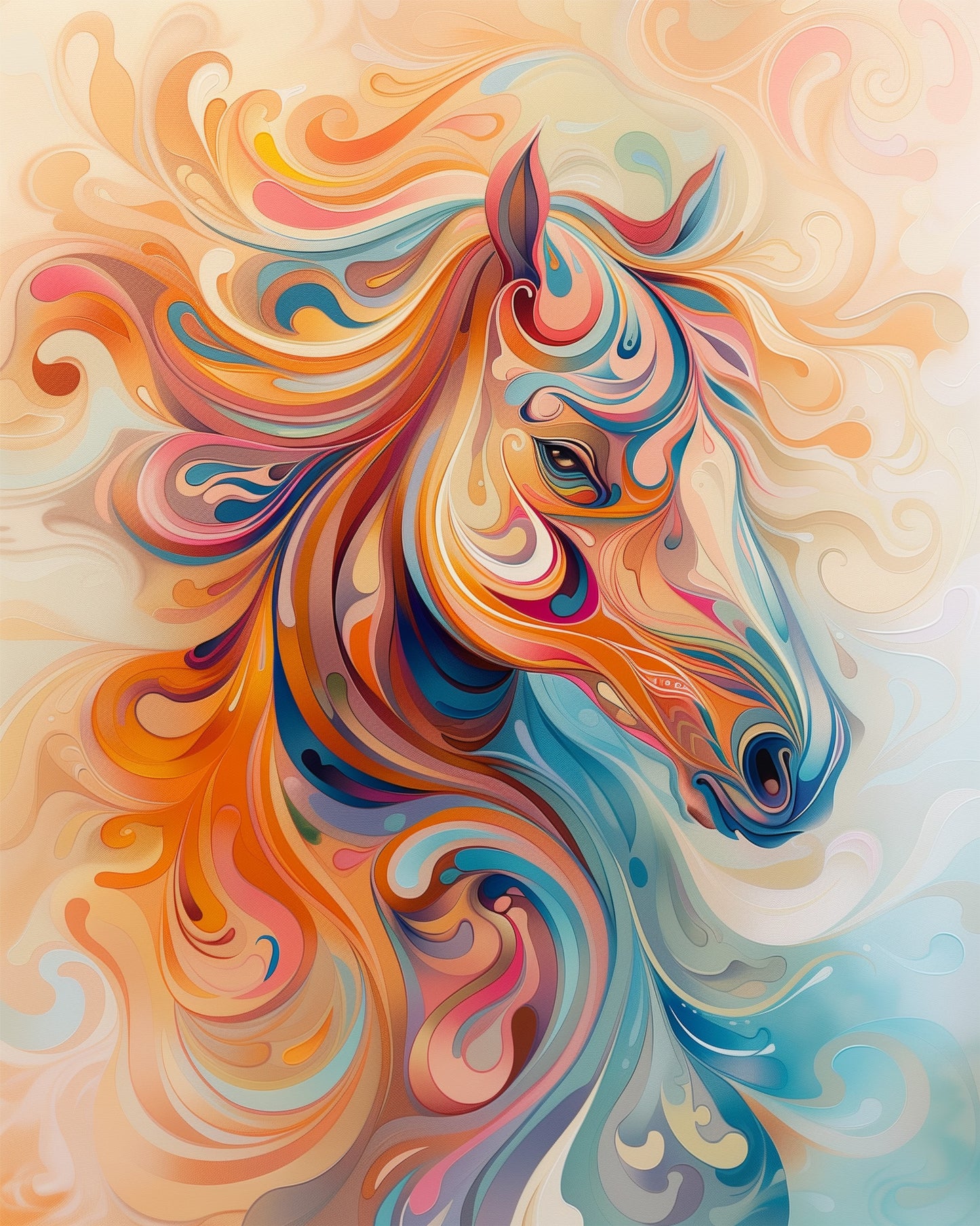 Colorful abstract depiction of a horse with swirling patterns in orange, blue, and pink hues, vibrant and dynamic, emphasizing mindfulness and creativity. miicreative's Vibrant Horse Swirls - Abstract Animals.