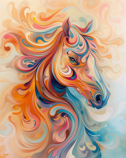 Colorful abstract depiction of a horse with swirling patterns in orange, blue, and pink hues, vibrant and dynamic, emphasizing mindfulness and creativity. miicreative's Vibrant Horse Swirls - Abstract Animals.