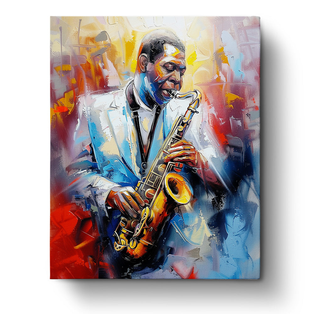 miicreative Jazz Saxophonist Art Kit featuring a vibrant painting of a musician playing the saxophone. Rich blues and oranges capture the essence of jazz, enhancing mindfulness and creativity through this paint by numbers experience.