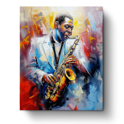 miicreative Jazz Saxophonist Art Kit featuring a vibrant painting of a musician playing the saxophone. Rich blues and oranges capture the essence of jazz, enhancing mindfulness and creativity through this paint by numbers experience.