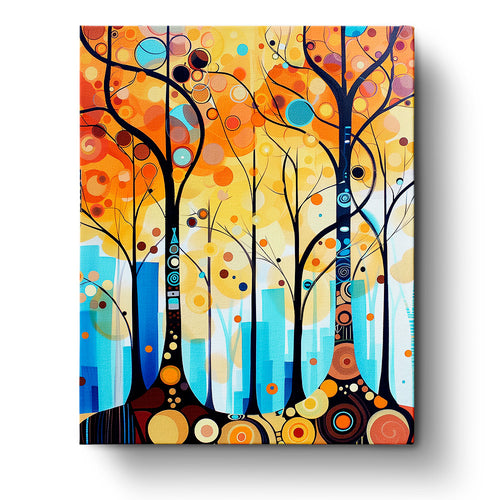 Autumn Forest Harmony by miicreative, featuring abstract trees with vibrant oranges, blues, and browns. This paint by numbers kit emphasizes creativity and mindfulness in painting.