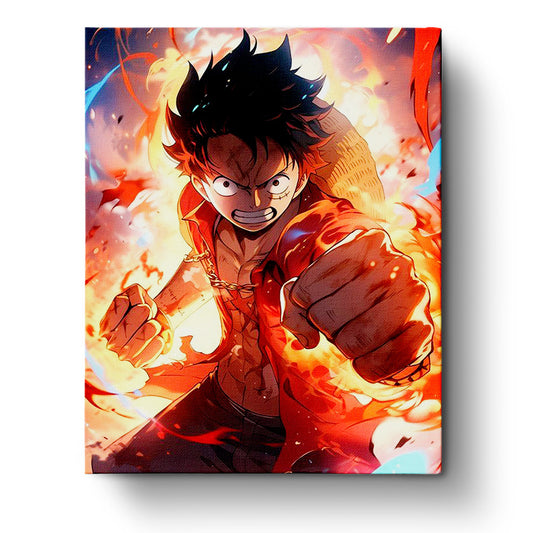 Monkey D. Luffy from One Piece with fiery fists, miicreative paint by numbers kit. A dynamic and engaging painting experience emphasizing mindfulness.
