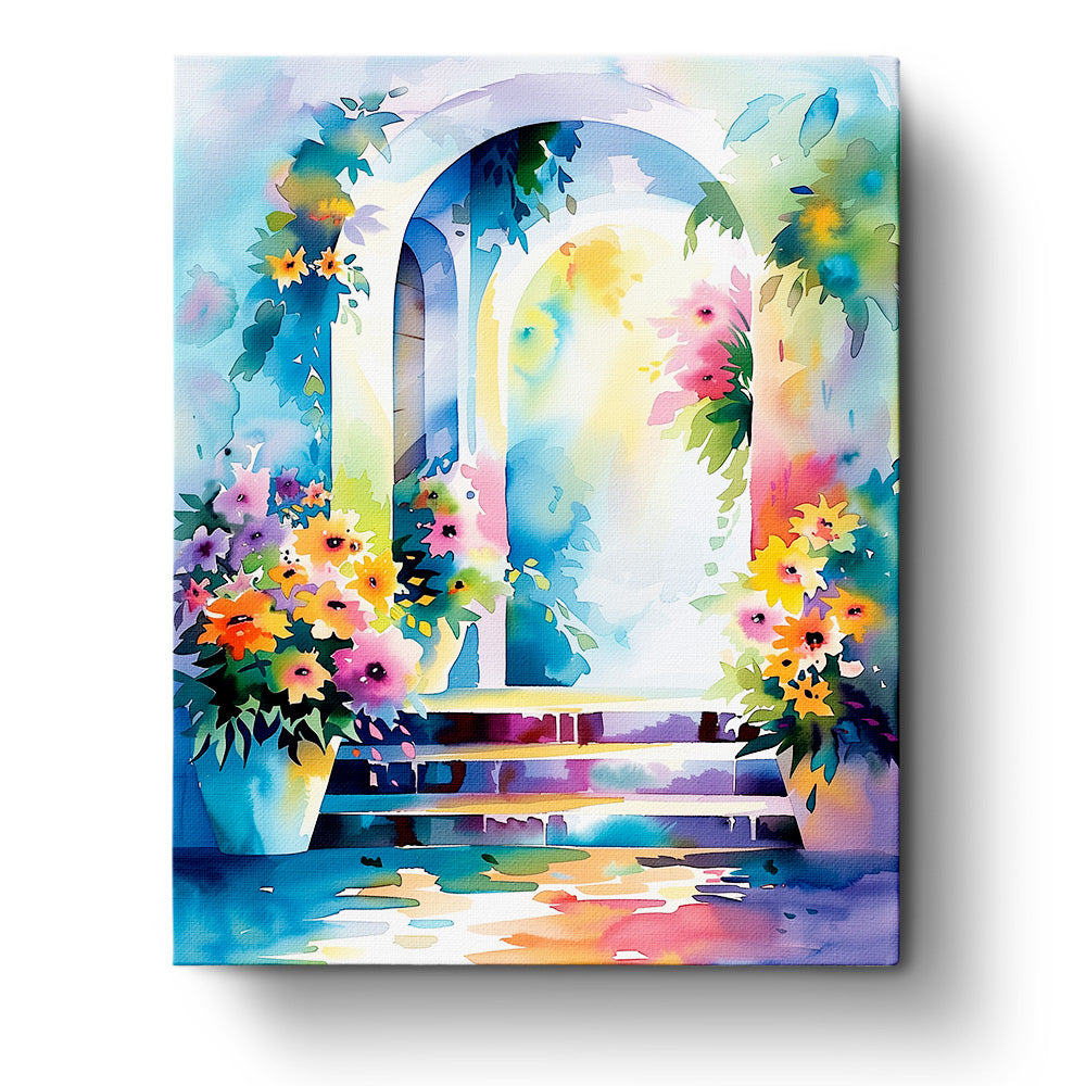 A vibrant painting of a garden archway with colorful flowers, titled 'Enchanted Garden Archway - Bohemian Vibes' by miicreative. This kit promotes mindfulness and creativity with its rich hues and serene subject.