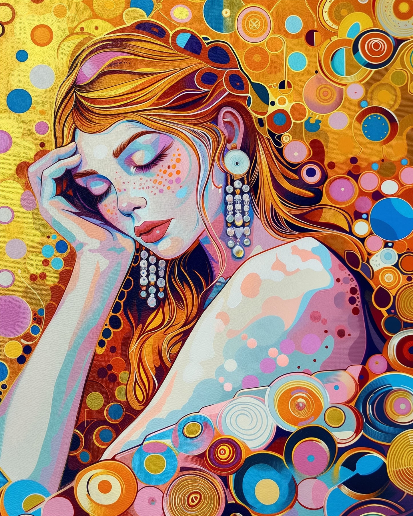 An artistic paint by numbers kit titled Dreamy Circles Portrait by miicreative, featuring a peaceful woman surrounded by colorful, circular patterns. Enhance your mindfulness and creativity with this vibrant Bohemian Vibes kit.