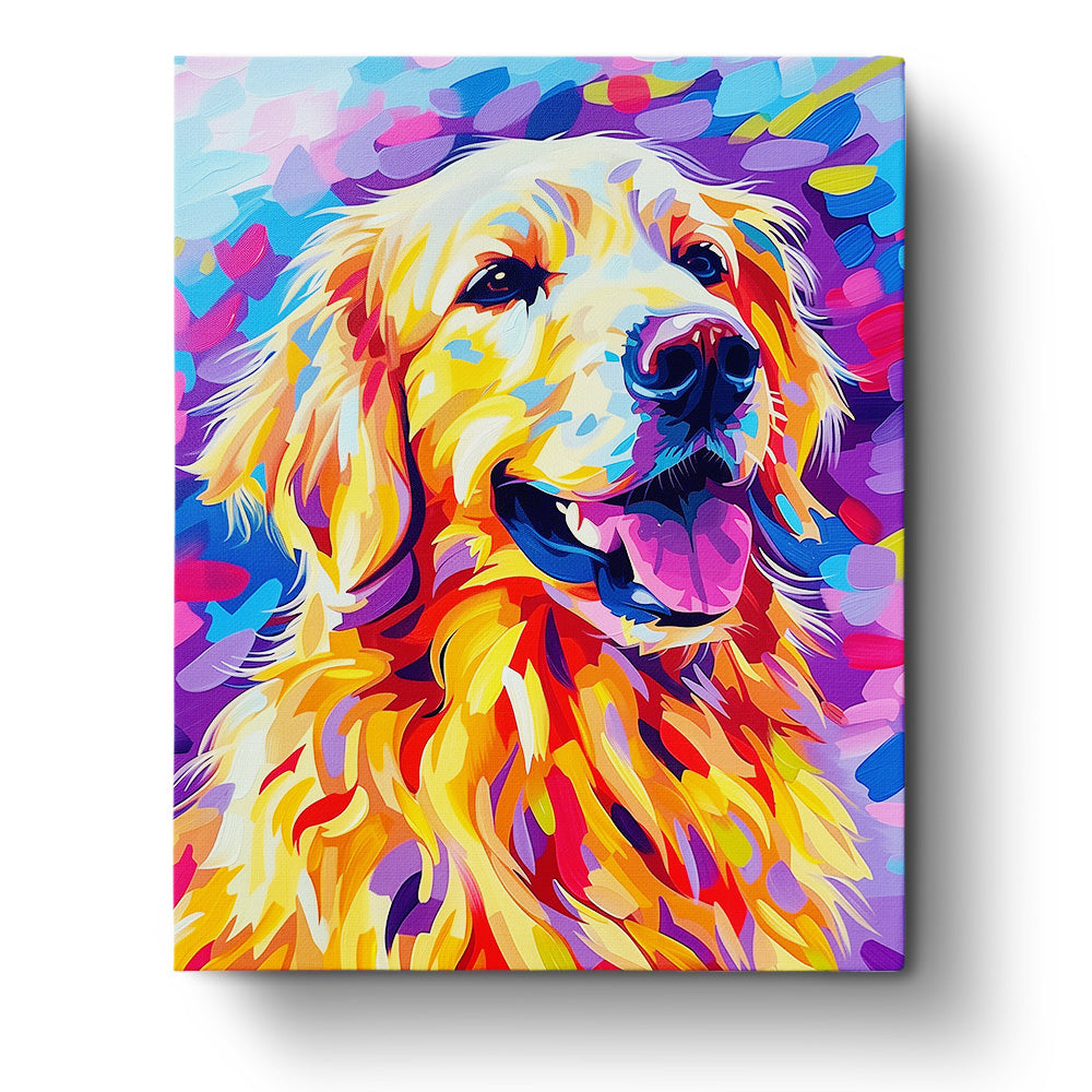 A vibrant abstract painting of a golden retriever with colorful hues of yellow, orange, and purple. miicreative's 'Radiant Golden Retriever - Abstract Animals' emphasizes mindfulness and creativity through engaging visual elements.