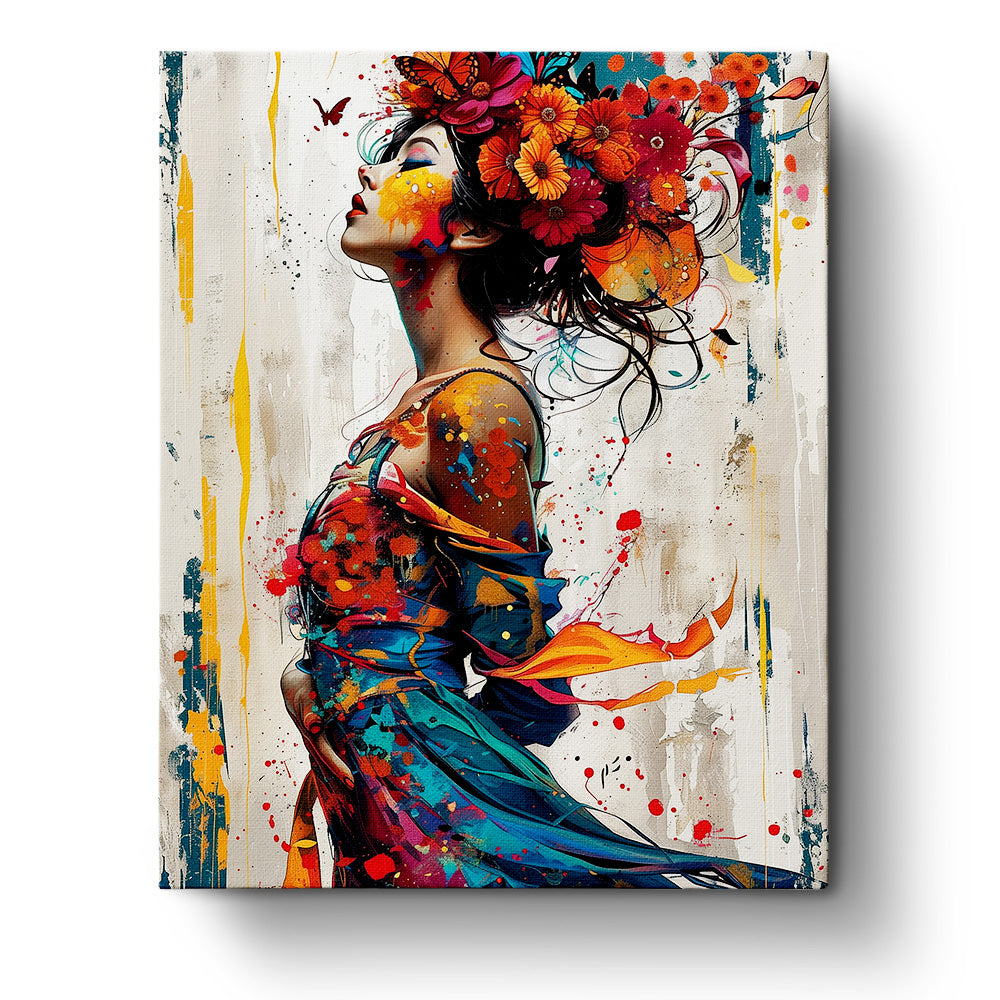 Vibrant painting of a woman adorned with colorful flowers, titled 'Floral Spirit Reflection - Bohemian Vibes.' Created by miicreative, this image showcases rich reds, blues, and oranges, embodying mindfulness and creativity in this paint by numbers kit.