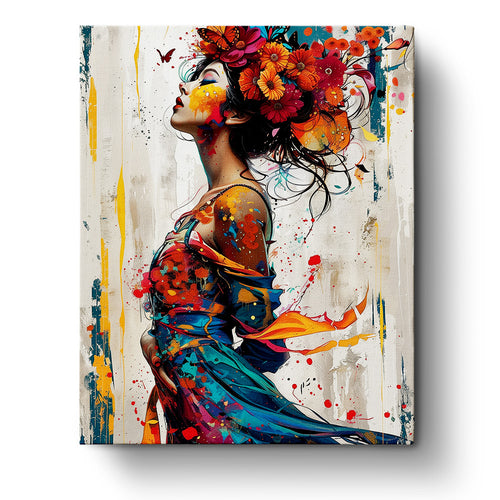 Vibrant painting of a woman adorned with colorful flowers, titled 'Floral Spirit Reflection - Bohemian Vibes.' Created by miicreative, this image showcases rich reds, blues, and oranges, embodying mindfulness and creativity in this paint by numbers kit.