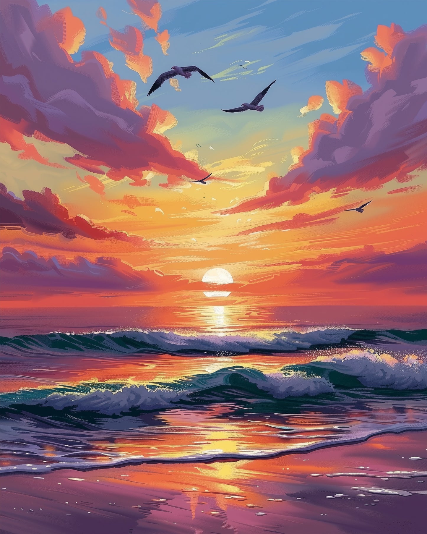 Experience miicreative's tranquil sea landscape with a vivid sunset. Perfect for relaxation and artistic focus.