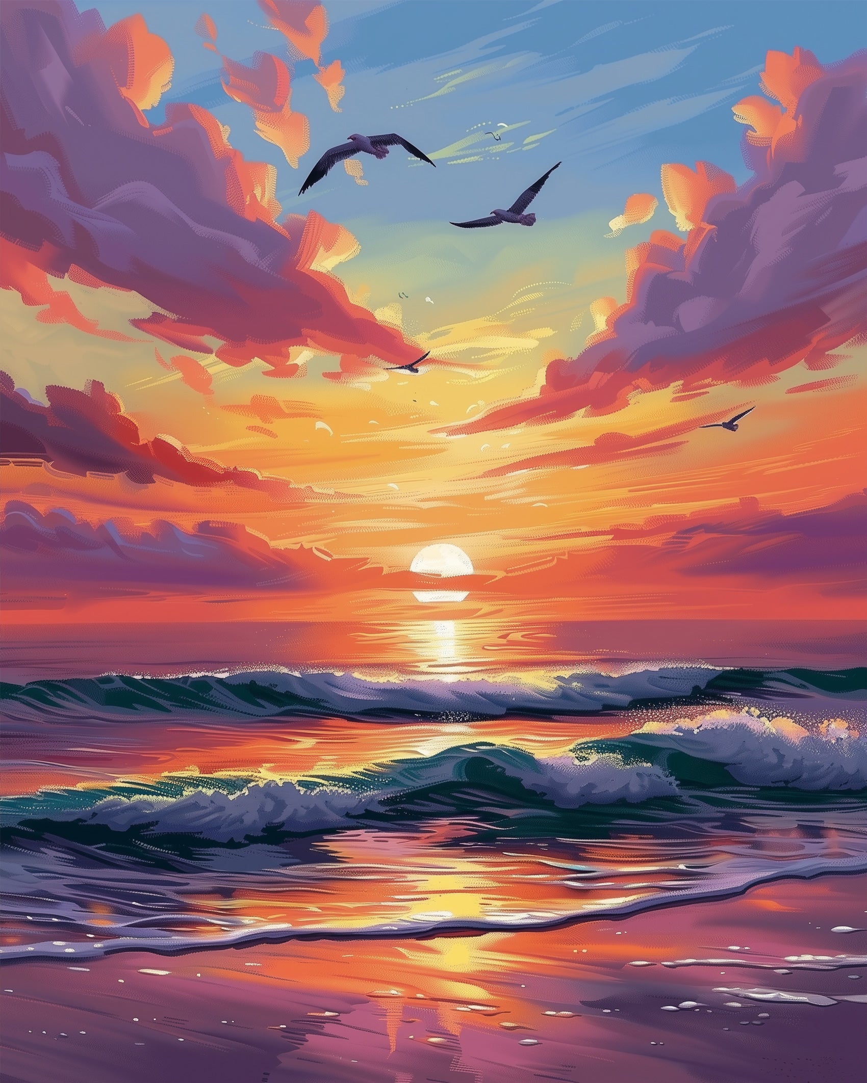 Experience miicreative's tranquil sea landscape with a vivid sunset. Perfect for relaxation and artistic focus.