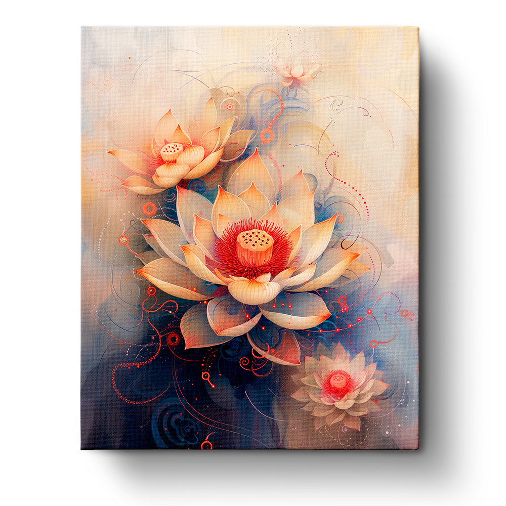 This image showcases the Tranquil Lotus Harmony - Bohemian Vibes kit by miicreative, featuring elegant lotus flowers in soft orange and blue hues, promoting mindfulness and creativity.