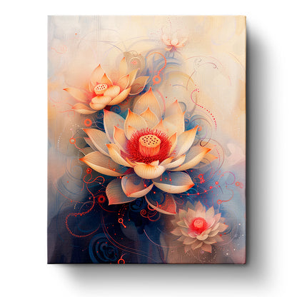 This image showcases the Tranquil Lotus Harmony - Bohemian Vibes kit by miicreative, featuring elegant lotus flowers in soft orange and blue hues, promoting mindfulness and creativity.