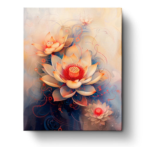 This image showcases the Tranquil Lotus Harmony - Bohemian Vibes kit by miicreative, featuring elegant lotus flowers in soft orange and blue hues, promoting mindfulness and creativity.