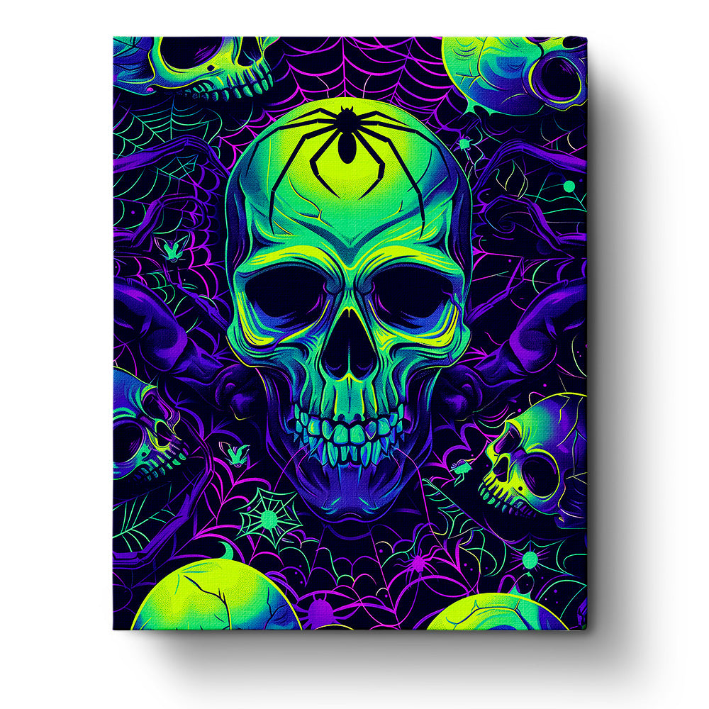 miicreative Neon Skull with Spider paint by numbers kit for Halloween. The image features a vibrant neon-colored skull with a spider on a purple background, emphasizing creativity and mindfulness.