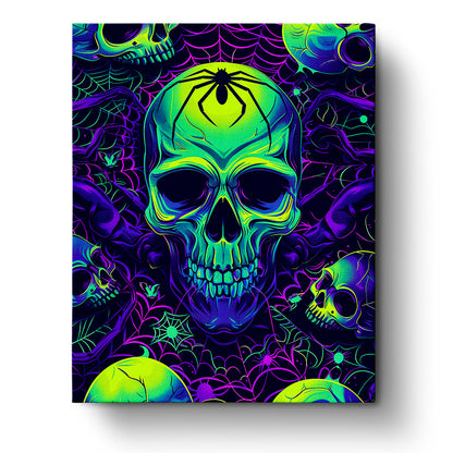 miicreative Neon Skull with Spider paint by numbers kit for Halloween. The image features a vibrant neon-colored skull with a spider on a purple background, emphasizing creativity and mindfulness.
