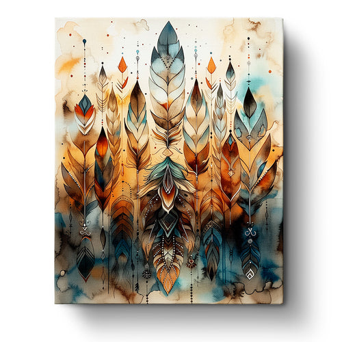 Ethereal Feathers paint by numbers fixed kits from miicreative. Features intricate feather designs in warm earth tones and teal, promoting mindfulness and creativity.