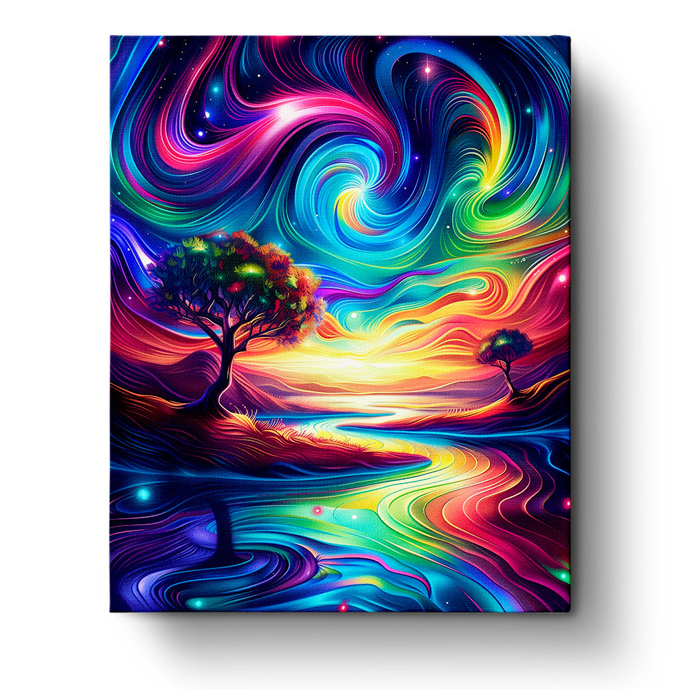 A vibrant, swirling night sky over a luscious landscape, featured in Ethereal Landscape - Meditation by miicreative. Colors blend harmoniously, enhancing mindfulness and creativity.