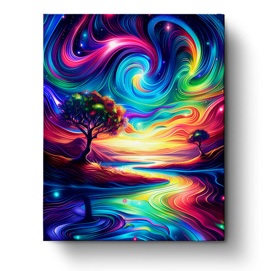 A vibrant, swirling night sky over a luscious landscape, featured in Ethereal Landscape - Meditation by miicreative. Colors blend harmoniously, enhancing mindfulness and creativity.