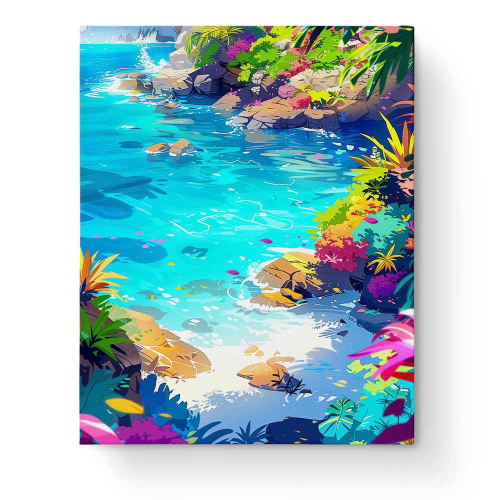 Tranquil Cove Escape by miicreative depicts a serene sea landscape with vibrant blue water and lush greenery, perfect for mindful painting and relaxation.