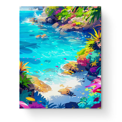 Tranquil Cove Escape by miicreative depicts a serene sea landscape with vibrant blue water and lush greenery, perfect for mindful painting and relaxation.