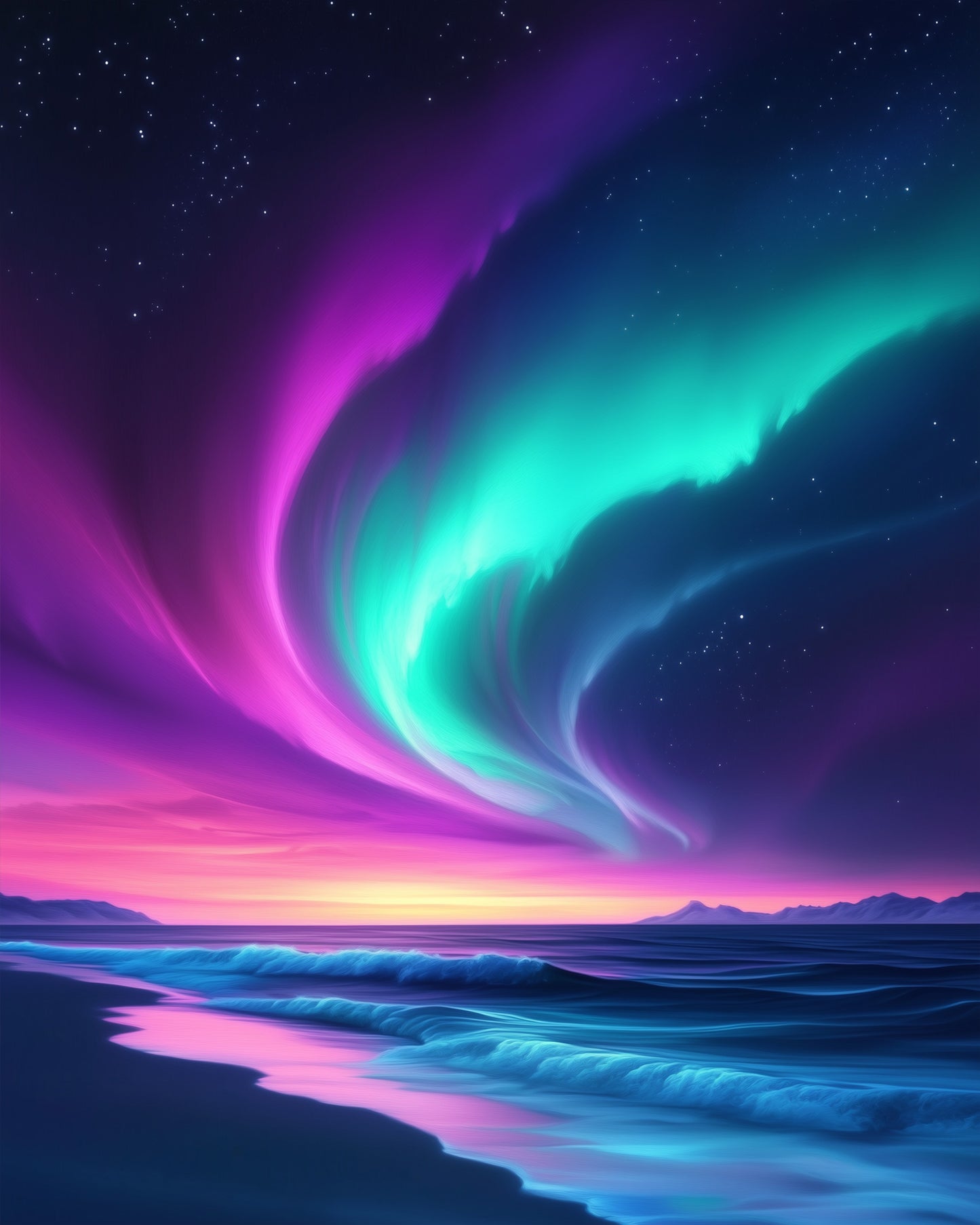 miicreative paint by numbers kit of a majestic aurora on a serene beach, evoking calm and focus for art enthusiasts.