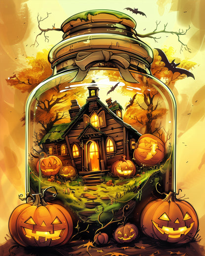 Vibrant illustration of a Haunted House Jar featuring glowing pumpkins and autumn trees, highlighting creativity and mindfulness. Image by miicreative.