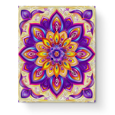 Radiant Blossom Mandala paint-by-numbers kit by miicreative, featuring a vibrant display of purple, orange, and gold hues. Experience relaxation and creativity while painting this intricate mandala design, fostering mindfulness and artistic enjoyment.