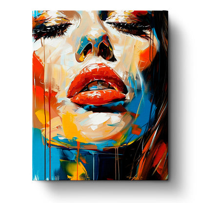 A vivid close-up of a woman's face, featuring bold strokes of orange, blue, and red, capturing mindfulness and creativity. 'Vibrant Expression - Bohemian Vibes' by miicreative.