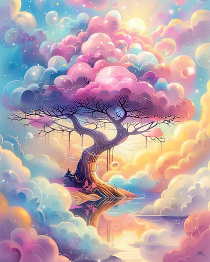 Dreamy Twilight Canopy paint by numbers kit from miicreative. Features a mystical tree under colorful twilight clouds highlighting creativity and mindfulness.