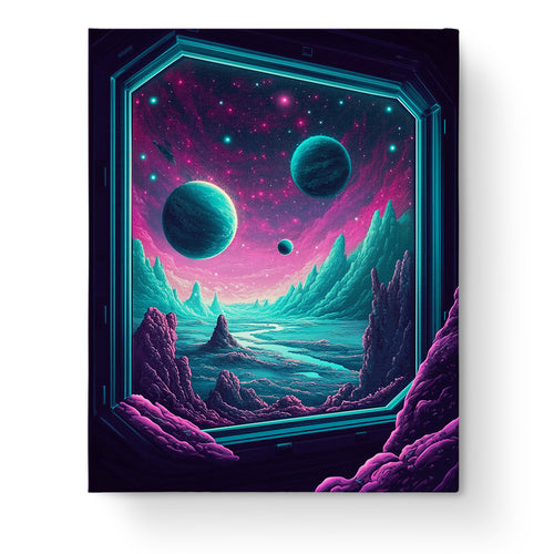 Cosmic View Serenity by miicreative showcases a vibrant galaxy view from a window, featuring planets and a river. Invokes mindfulness and focus.