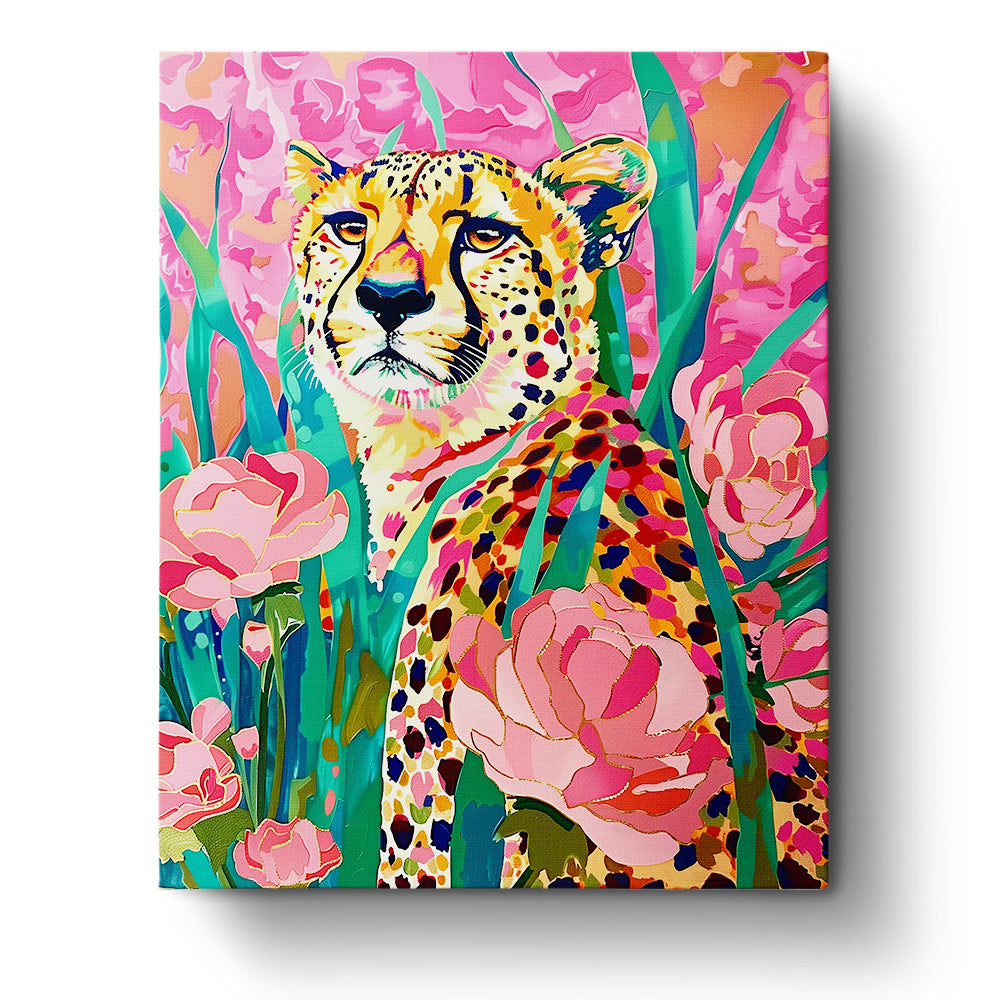 A vibrant Floral Cheetah design featuring a cheetah amidst pink and green foliage, showcasing artistic brushstrokes by miicreative. Experience creativity and mindfulness with this Abstract Animals paint by numbers kit.