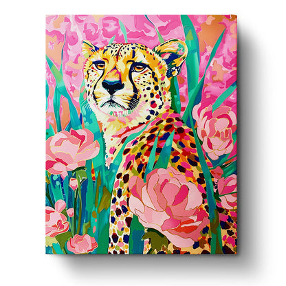 A vibrant Floral Cheetah design featuring a cheetah amidst pink and green foliage, showcasing artistic brushstrokes by miicreative. Experience creativity and mindfulness with this Abstract Animals paint by numbers kit.