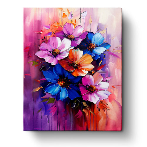 A colorful image of vibrant flowers in hues of pink, blue, and orange, showcasing the Vibrant Floral Harmony - Meditation kit by miicreative. Emphasizes creativity and mindfulness through this artistic paint by numbers kit.