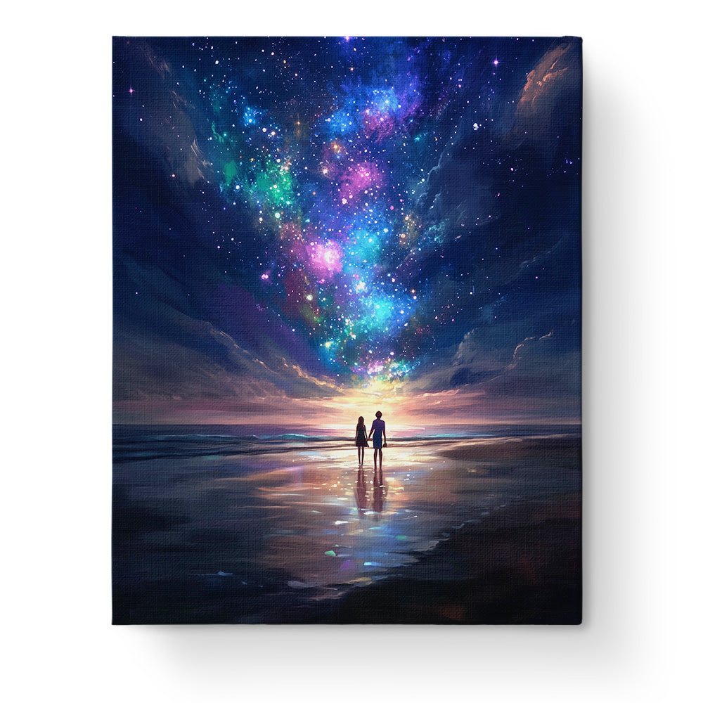 Cosmic Beach Serenity by miicreative, depicting a couple under a vibrant galaxy sky. Experience mindfulness and focus with this paint by numbers kit.