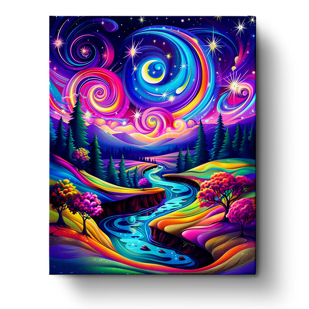 Vibrant cosmic landscape featuring swirling galaxies and a tranquil river in 'Cosmic River Tranquility - Meditation' by miicreative. Emphasizes vivid colors and a serene, meditative atmosphere, perfect for mindfulness and creative expression.