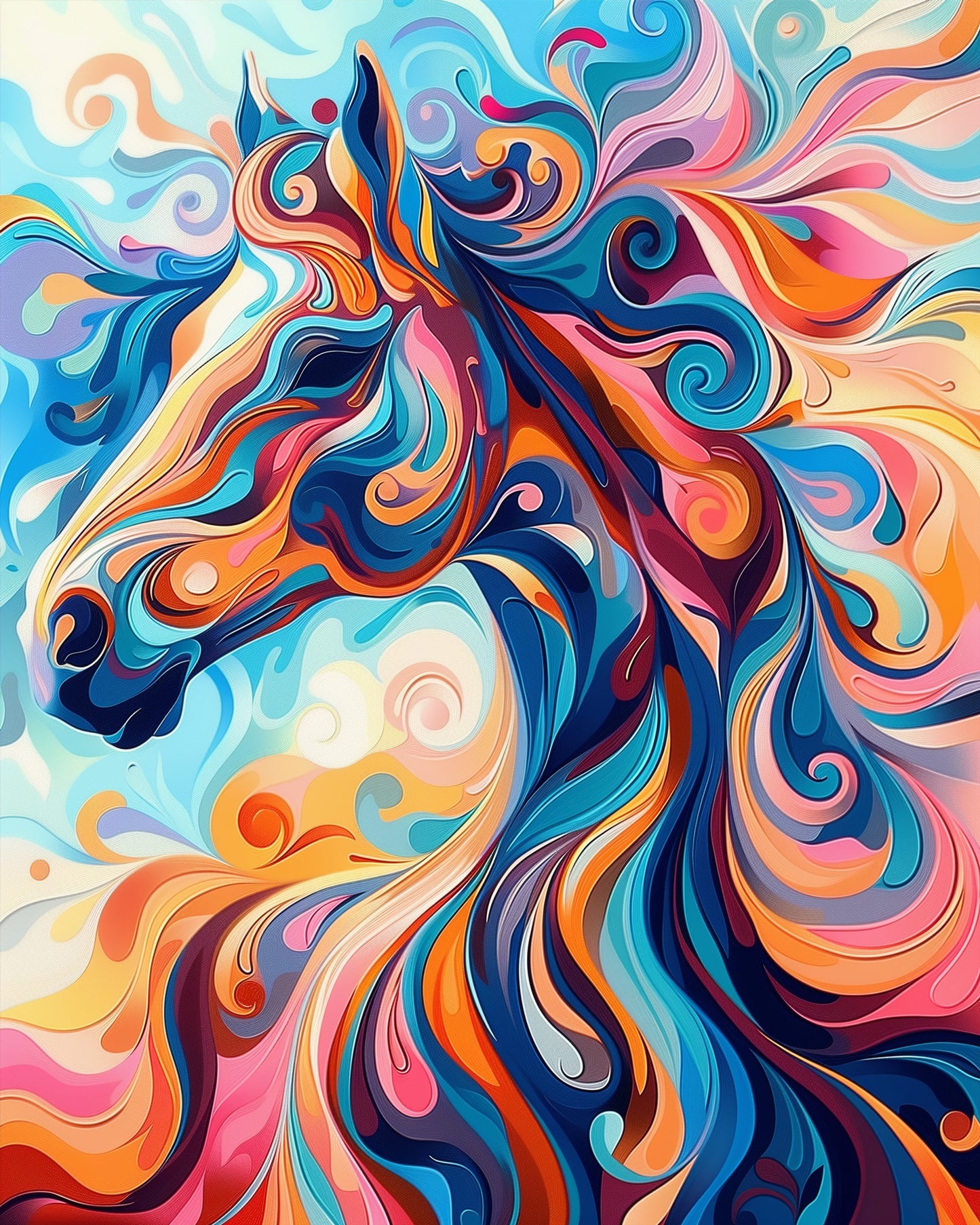 A dynamic image of a colorful, swirling horse titled Vibrant Horse Dream - Abstract Animals by miicreative. The vibrant blues, oranges, and pinks create a mesmerizing and meditative art experience.