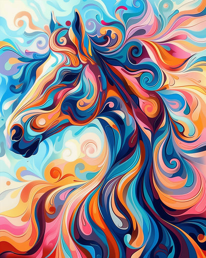 A dynamic image of a colorful, swirling horse titled Vibrant Horse Dream - Abstract Animals by miicreative. The vibrant blues, oranges, and pinks create a mesmerizing and meditative art experience.
