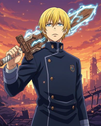 Anime-Inspired Warrior Stand by miicreative capturing a heroic pose with a dramatic sunset backdrop. Perfect for mindfulness and painting enthusiasts.