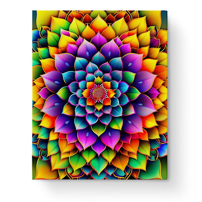 Vibrant and colorful Rainbow Blossom Mandala paint by numbers kit by miicreative, featuring a mesmerizing array of rainbow petals that enhance mindfulness and creativity.