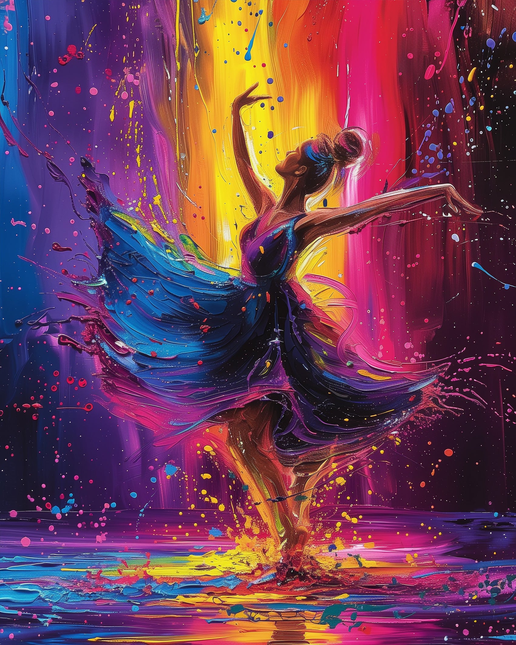 Dancer of Vibrance - Meditation by miicreative. A colorful depiction of a dancing figure amidst vibrant splashes of purple, yellow, and pink. This kit embodies mindfulness and creativity.