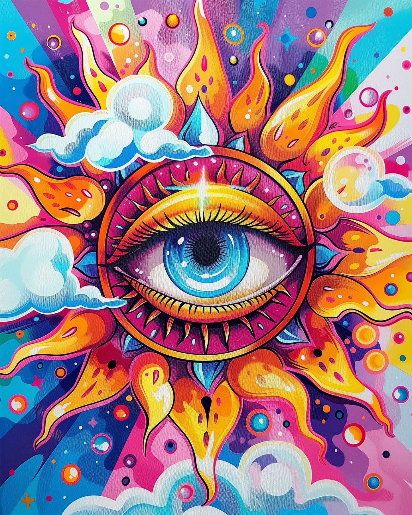 A vibrant paint-by-numbers kit depicting a surreal eye surrounded by colorful sun rays and clouds, hinting at mindfulness and creativity. Eternal Eye of Mindfulness - Meditation by miicreative.