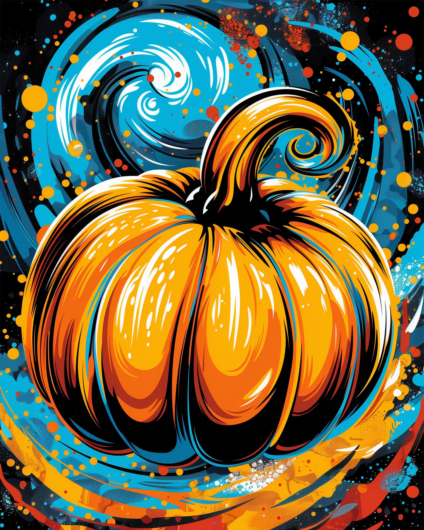 Pumpkin Vortex - Halloween paint by numbers kit by miicreative featuring a vibrant swirling galaxy of blue and orange hues enveloping a vivid pumpkin, emphasizing creativity and mindfulness.
