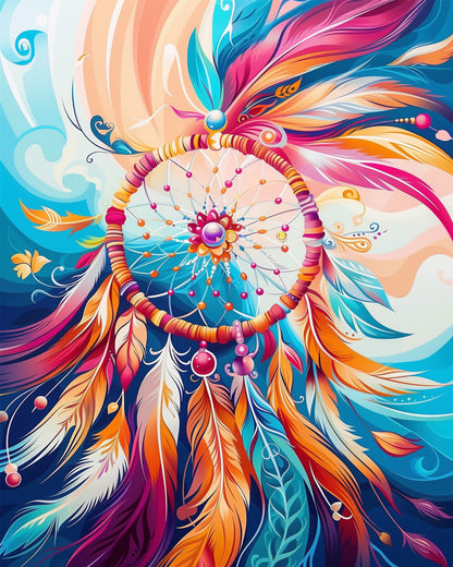 A vibrant Dreamcatcher painting with swirling colors of blue, orange, and pink, showcasing feathers and intricate designs, representing mindfulness and creativity in the Dreamcatcher Radiance - Bohemian Vibes kit by miicreative.