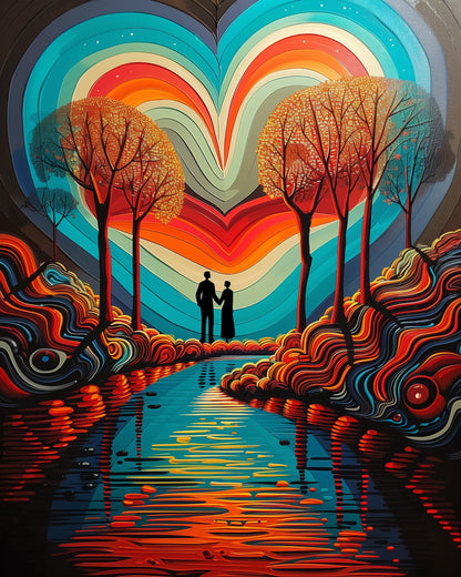 Heartfelt Harmony - Meditation paint by numbers kit by miicreative. Silhouettes of a couple under colorful heart-shaped sky, vivid trees, and flowing river, enhancing mindfulness and creativity.