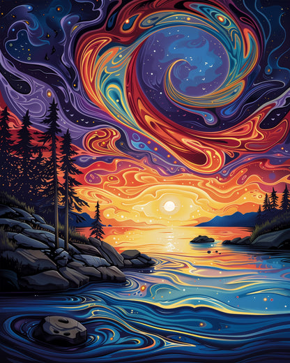 Miicreative's paint by numbers kit captures a vivid cosmic sunset swirling above a calm sea, encouraging relaxation and artistic flow.