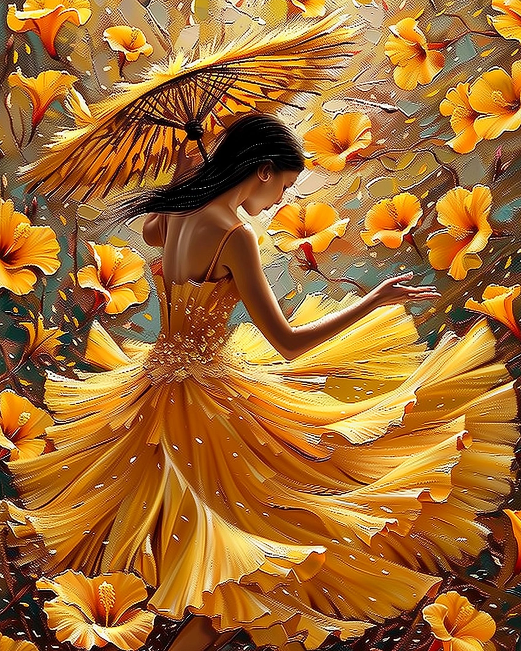 miicreative's Golden Graceful Lady showcases a serene scene with a woman and orange flowers. Ideal for stress relief and artistic expression.