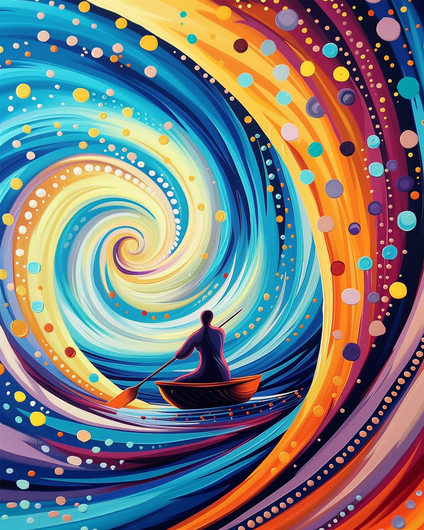 A vibrant paint-by-numbers kit titled 'Journey Through the Spiral - Meditation' by miicreative. It features a person rowing through a swirling, colorful vortex of blues, yellows, and oranges, emphasizing creativity and mindfulness.